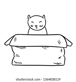 Cute chubby cat sitting in the paper box thin line doodle