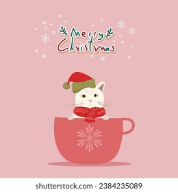 A cute chubby cat sitting in sweet coffee cup on soft pink background. Vector illustration for Christmas celebration concept