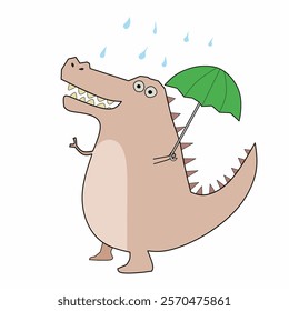 cute chubby crocodile play in the rain, with his green umbrella