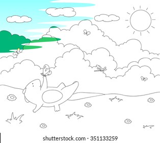 Cute chubby dragon is playing with dragonflies and butterflies on blooming spring meadow. Vector illustration. Coloring book