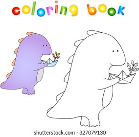 Cute chubby dragon playing with origami paper boat. Vector illustration