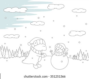 Cute chubby dragon sculpts snowman in a snowy forest. Christmas postcard. Vector illustration. Coloring book