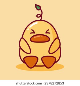 Cute Chubby Duckling Sits with Eyes Closed. Kawaii Duck with Sprout on its Head. Dissatisfied Cartoon Chicken, Goose. Vector illustration in Flat style