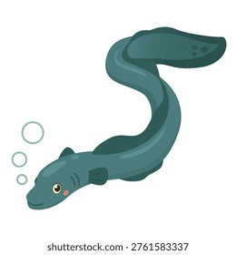 Cute chubby eel character. Flat vector long fish with bubbles for kids nursery decor and aquatic life set