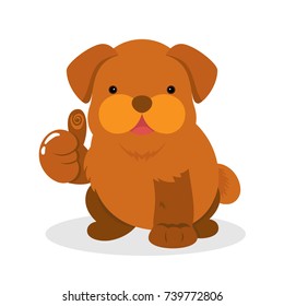 Cute chubby fat brown puppy dog giving thumbs up sign in flat style. Common hand gesture. Lovely adorable pet. Vector illustration