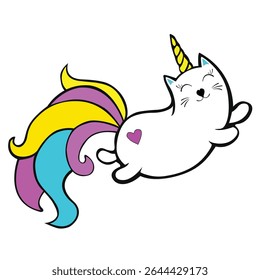 A cute and chubby flying cat vector with a rainbow tail and a golden unicorn horn. The kawaii-style cartoon features a pink heart on the side and a happy expression,
, non-AI. EPS format included.