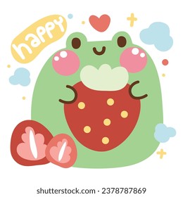 Cute chubby frog hug big strawberry with cloud on white background.Reptile animal character cartoon design.Pastel.Image for card,poster,baby clothing.Kawaii.Vector.Illustration.