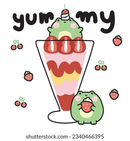 Cute chubby frog ice cream with yummy text cartoon.Funny animal reptile character cartoon design.Isolated.Sweet.Dessert.Cherry and strawberry.Kawaii.Vector.Illustration.