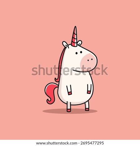 A cute, chubby, funny unicorn stands on two legs against a red background. Vector illustration in a simple, childlike style.