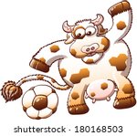 Cute, chubby and furry cow with hexagonal spots while staring at a soccer ball and expressing surprise when noticing the similarity between its own spots and the hexagons of the ball