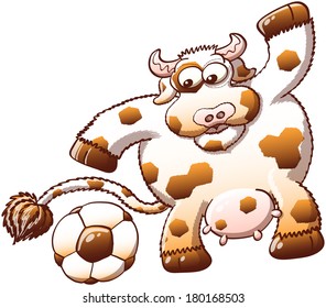 Cute, chubby and furry cow with hexagonal spots while staring at a soccer ball and expressing surprise when noticing the similarity between its own spots and the hexagons of the ball