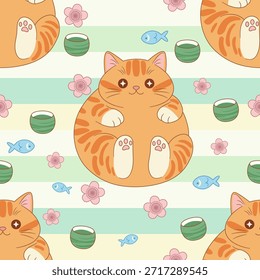 Lindo gato de jengibre gordita y Sakura patrón japonés sin fisuras. Gato Kawaii. Gato zen, té matcha y flor de cerezo. Repetir ilustración. Adorable gato atigrado naranja en patrón de estilo japonés.