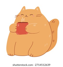 Cute chubby ginger cat vector illustration holding warm mug with steam rising, creating a cozy and cheerful mood