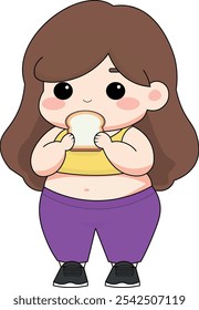 Linda chica gordita comiendo pan, chica gordita ilustración