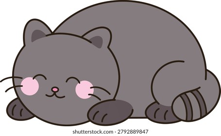 Cute Chubby Grey Cat Sleeping Round Position Cartoon Minimalist Hand Drawn Graphic