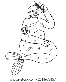 Cute chubby grown up gay merman with anchor tattoo and moustache, brushing his hair. Isolated hand drawn vector illustration in doodle style