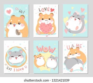 Cute chubby hamster best friend. Duo lovely funny happy with their favourite things in soft pastel color. Set of rectangle gift tag, card, postcard. Vector illustration.
