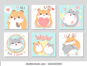 Cute chubby hamster best friends. Duo lovely funny happy with their favourite things in soft pastel color. Lovely, valentine day. Vector illustration.
