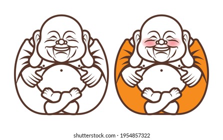 Cute Chubby Happy Der lachende Buddha-Charakter mit großem Bauch bringt Glück und Reichtum. Religion - Vektorgrafik	