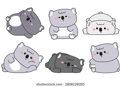 Cute chubby koala bear character set in various poses. Kawaii doodle australian animal collection isolated on white background. Adorable fat koala sticker pack. Hand drawn doodle grey wildlife animal for kids design, planner, and scrapbooking. Vector illustration