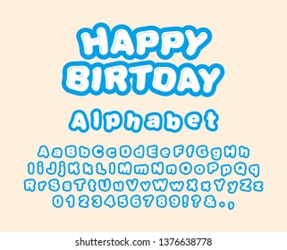 Cute chubby letters with a blue outline. Kids font for packaging design, logo, decor.