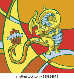 Cute chubby little yellow dragon licking on the cake in the spotlight. Vector hand-drawn cartoon funny emotional character illustration.