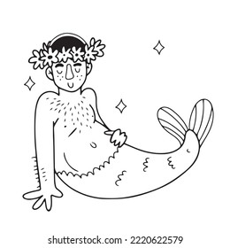 Cute chubby merman with hairy chest and  floral wreath on his head. isolated vector illustration in doodle style