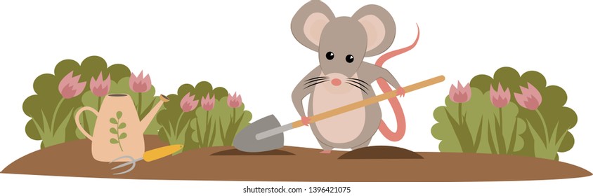 Cute chubby Mouse gardeners digs the ground with a shovel. Work in the garden. Vector illustration. 2020 on the Chinese calendar