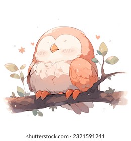 A cute and chubby owl sitting on a tree branch