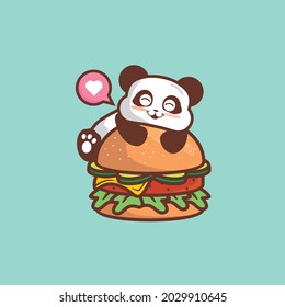 cute chubby panda hug a big burger