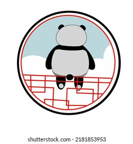 cute chubby panda sits on the railing and looks at the fluffy clouds