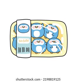 Cute chubby  penguin cartoon in plastic pack.Shopping market concept.Funny animal character cocept.Food.Bird.Sticker.Isolated.Kawaii.Vector.Illustration.