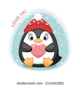 Cute chubby penguin with heart seats on the snowy background. Vector illustration.