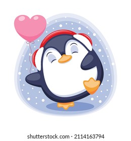 Cute chubby penguin with heart shaped balloon and headphones dancing on the snowy background. Vector illustration.