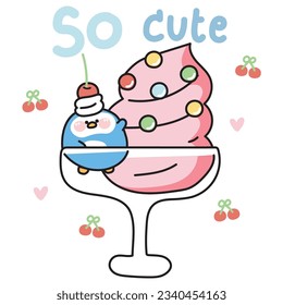 Cute chubby penguin ice cream with cherry cartoon.Fat funny animal character hand drawn.Sweet.Dessert.Kawaii.Vector.Illustration.