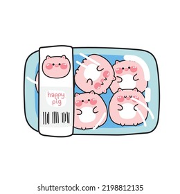 Cute Chubby Pig Cartoon In Plastic Pack.Shopping Market Concept.Funny Animal Character Cocept.Food.Pork.Sticker.Isolated.Kawaii.Vector.Illustration.