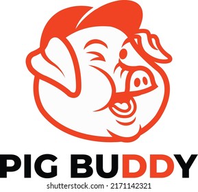 Cute Chubby Pig Wearing Cap Monoline Outline Logo Vector Icon Illustration