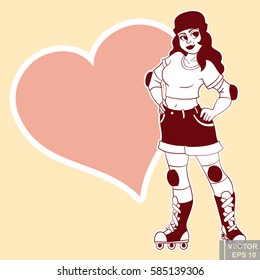 Cute chubby plus size plump girl Roller beautiful funny sports character skating. clip-art cartoon vector illustration eps10.