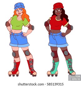 Cute chubby plus size plump girl Roller beautiful funny sports character skating. clip-art cartoon vector illustration eps10.