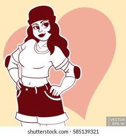 Cute chubby plus size plump girl Roller beautiful funny sports character skating. clip-art cartoon vector illustration eps10.