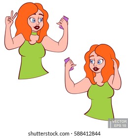 Cute chubby plus size plump girl with smart phone taking selfie, beautiful woman posing. clip-art cartoon vector illustration eps10