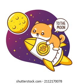 adorable cachorro gordito volando a la luna con ilustración de cohete