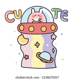 Cute Chubby Rabbit Alien Cartoon On White Background.Animal Character Design.Galaxy.Space.Isolated.Kawaii.Vector.Illustration.