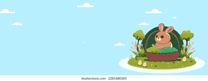 Cute Chubby Rabbit Character In Wicker Basket, Eggs On Nature View And Cyan Background With Copy Space. 