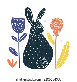 Cute chubby rabbit or hare sitting in flowers. Hand drawn vector illustration in linocut style, isolated on white background