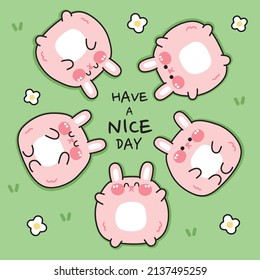 Cute chubby rabbit lay on the ground.Easter day.Fat animal character design.Relax.Happy.Have a nice day.Kawaii.Vector.Illustration.