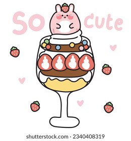 Cute chubby rabbit with strawberry ice cream.Animal character cartoon design.Bunny hand drawn.Sweet.Dessert.Kawaii.Vector.Illustration.