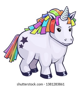 Cute chubby rainbow unicorn. Vector illustration isolated on white