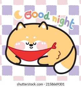 Cute chubby shiba inu dog sleeping cartoon.Good night text on checkered background.Funny animal character.design.Kawaii.Vector.Illustration.