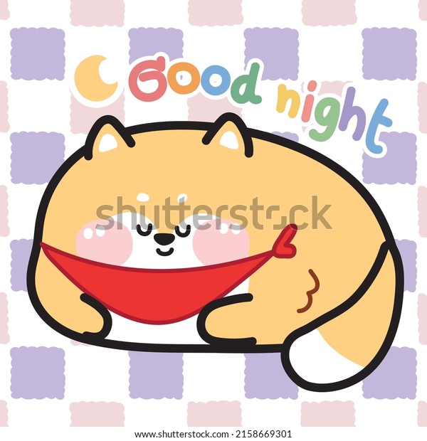 Cute chubby\
shiba inu dog sleeping cartoon.Good night text on checkered\
background.Funny animal\
character.design.Kawaii.Vector.Illustration.